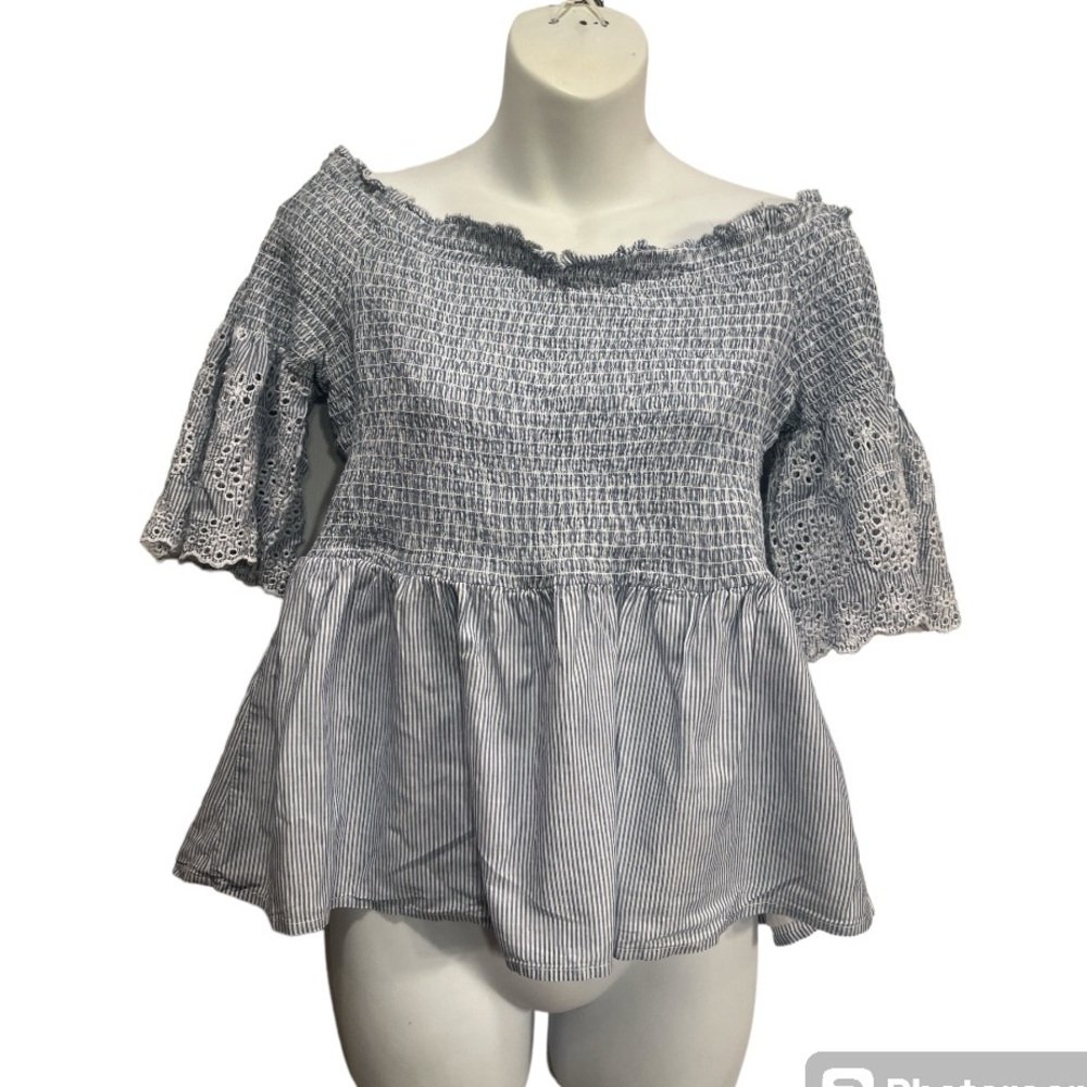 Blue Rain off shoulder peasant style top. Size large